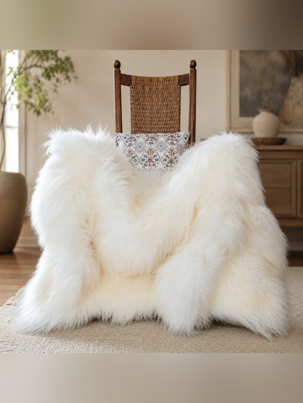 Real Icelandic Quad 4′ x 6′ Natural White Wool Sheepskin Pelt Rug + Fur Throw